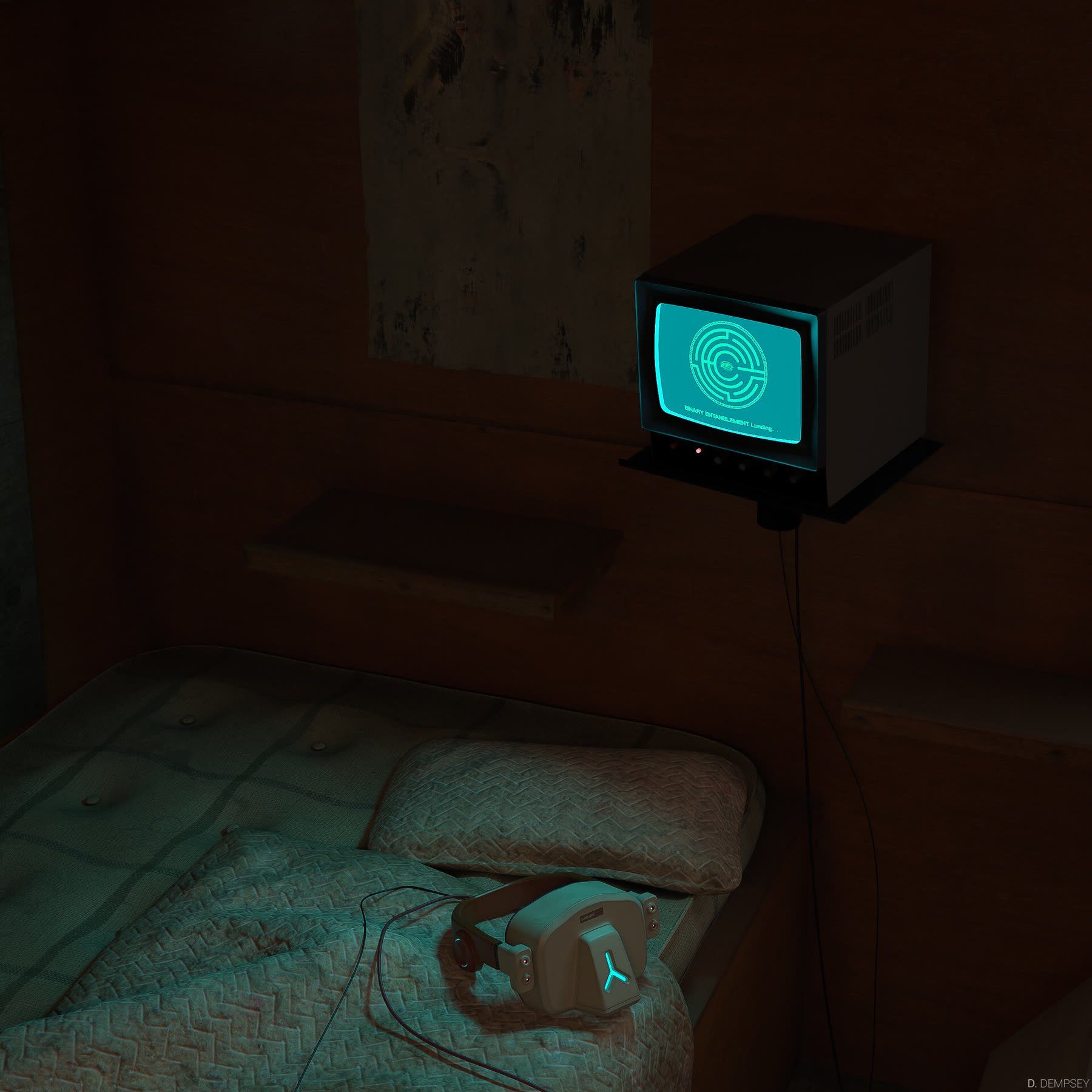 Interior — the CRT maze and a VR headset on the bed